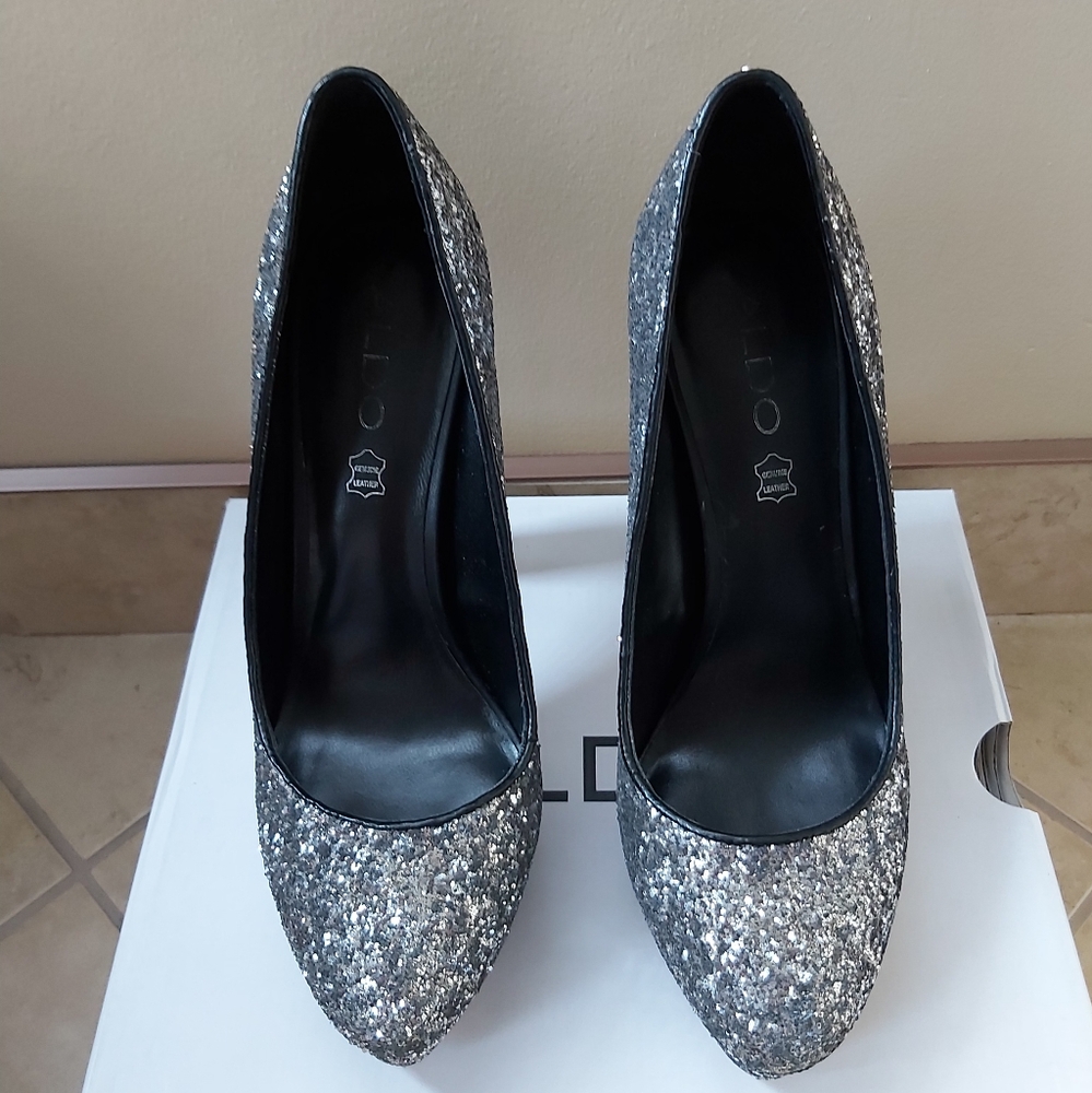 Aldo Silver Glitter Platform Heels - Picture 2 of 8